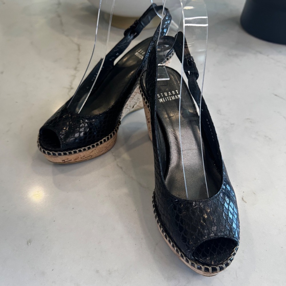 Stuart Weitzman Women 6.5 Black Snakeskin Embossed Cork Wedge Slingback Sandals - Picture 6 of 15